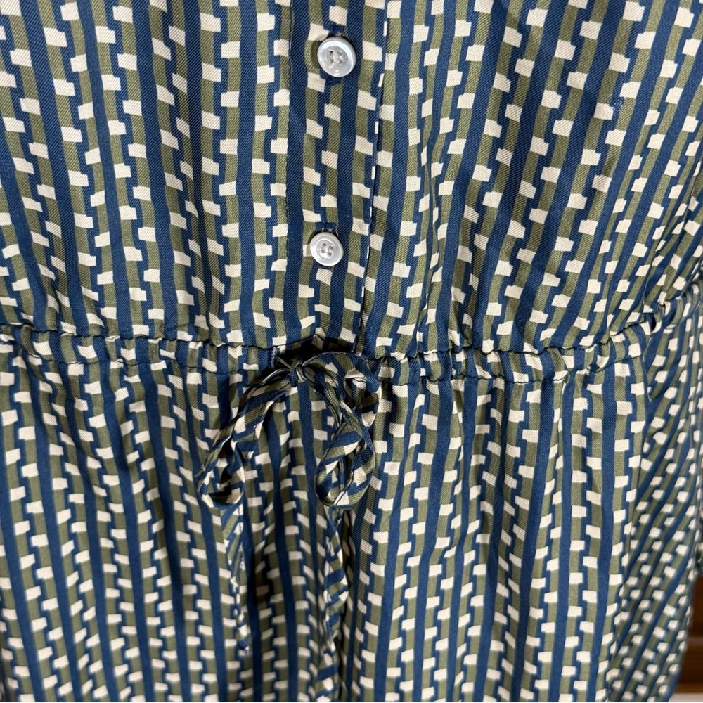 J. McLaughlin Green Blue Geometric Silk Shirt Dress Drawstring Waist L - Picture 3 of 13